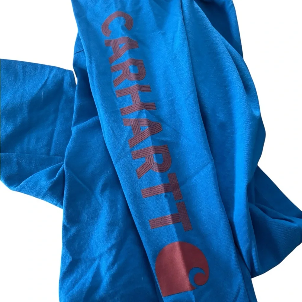 CARHARTT Classic Blue Crewneck w/ Pocket Sleeve Spellout Size Small — washed